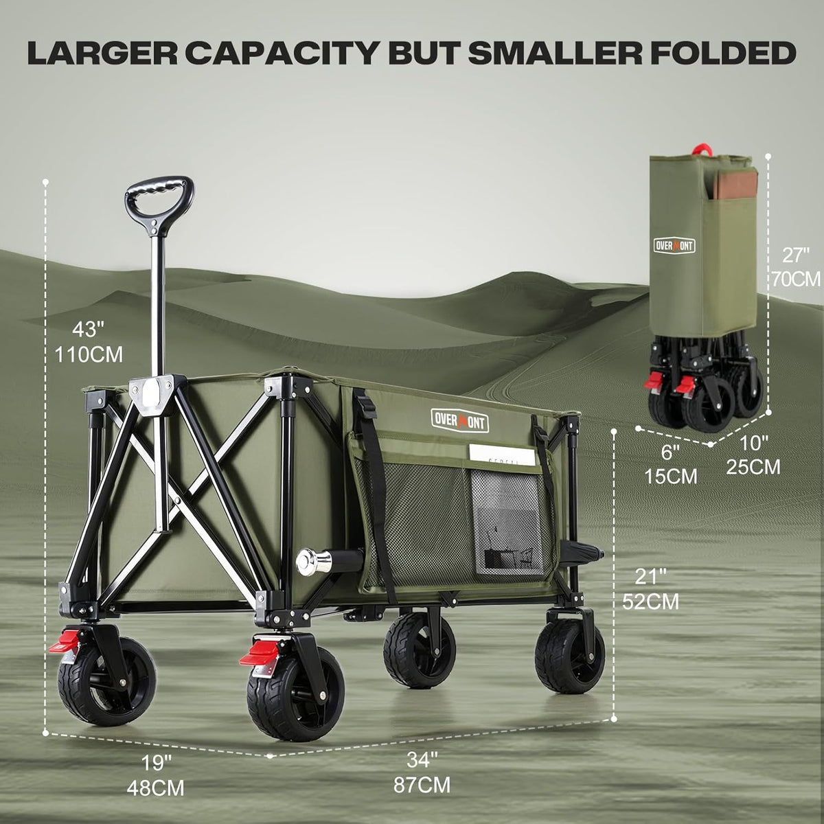 Overmont Collapsible Wagon Cart with Wheels - 180L Foldable Heavy Duty Wagon with Big All-Terrain Wheels - 330Lbs Weight Capacity with Side Pockets for Camping Sports Garden Grocery Shopping Green