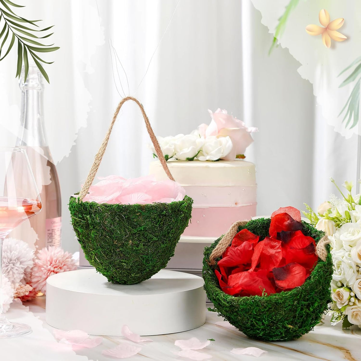 Leinuosen 2 Pcs Wedding Flower Baskets, Moss Style Small Baskets with Handles for Gifts Wedding Floral Decoration Flowers Petal Candy Storage and Home Decoration