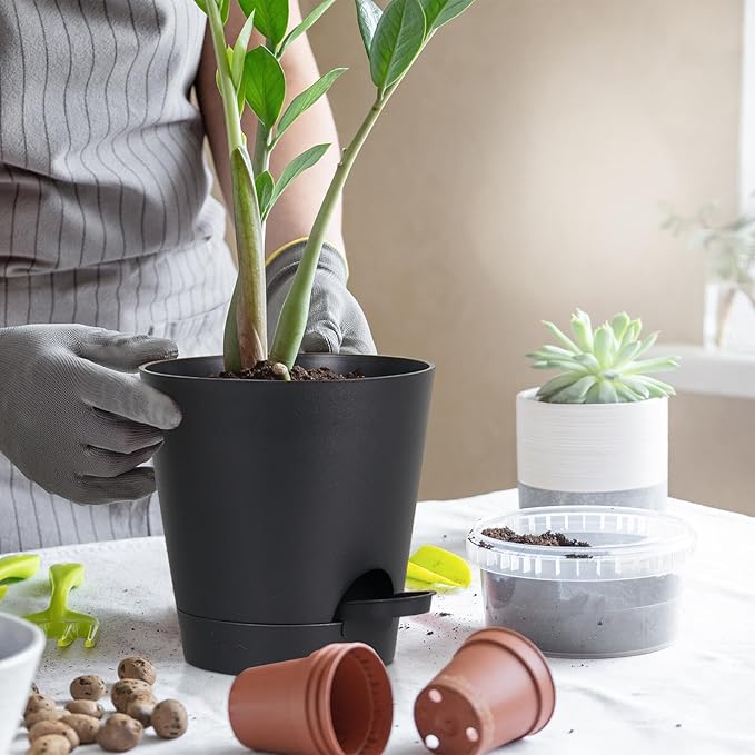 5 Pack 5 inch Self-Watering Pots, African Violets Planter with Drainage Holes and Reservoir, Black Plastic Planter for Indoor Outdoor Plants Flowers and Houseplants Black, 5 inch 5 pcs