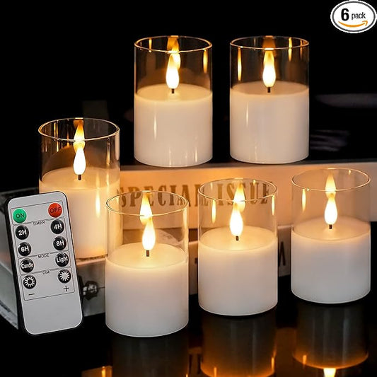 6Pack Glass Flickering Flameless Candles with Remote, 2"X3" Real Wax Votive Candles Battery Operated, Small Electric LED Candles for Wedding Home Decor, w/4 Timers+2 Lighting Modes [Clear]