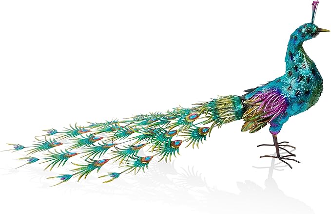 Alpine Corporation HEH378 Metal Jumbo Sized Majestic Peacock Decor, Elegant Garden & Patio Bird Statue, 33" H, Blue