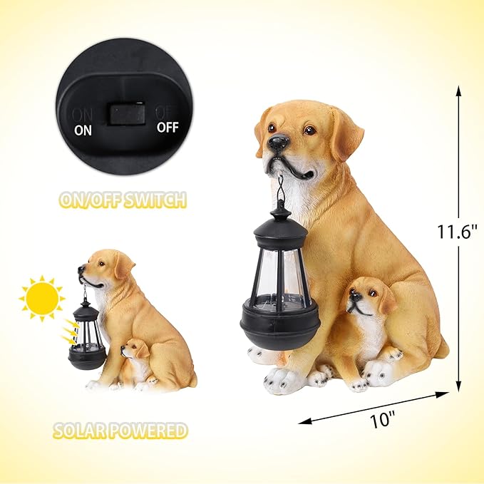 Afirst Solar Dog Statue Garden Decor- Outdoor Decor with Solar Lantern Lovely Labrador Mom with Baby Figurine Patio Lawn Yard Art Ornaments Housewarming Gift