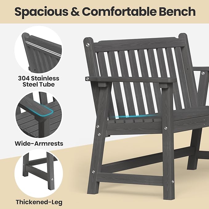 Ciokea 44" Outdoor Bench, HDPE Weatherproof Garden Bench, 2-Person Porch Benches with 550 Lbs, Waterproof Patio Benches for Outside Balcony Deck Backyard, Dark Grey