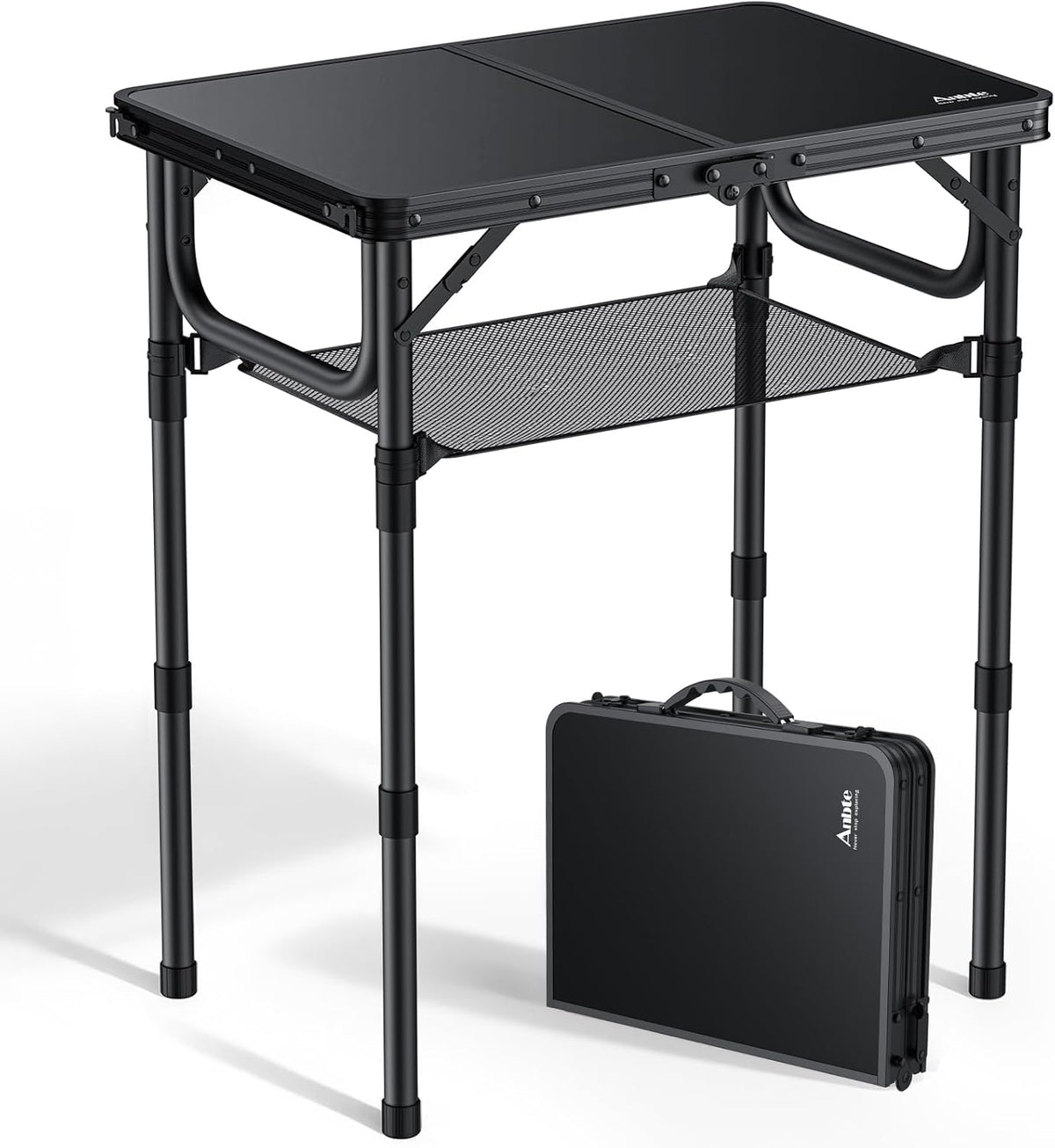 Folding Camping Table with Storage Net, Pure Black Aluminum 2ft Picnic Table 23.2" x 16" Outdoor Table Adjustable Height Max 27.5", Lightweight, Waterproof, Portable Handle for Travel Cooking