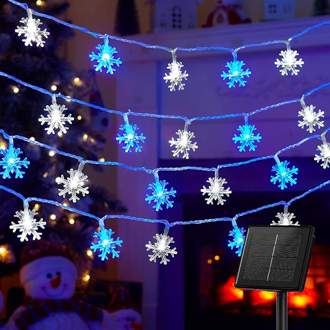 Brightown Solar Christmas Snowflake String Lights, 72FT 200 LED Outdoor Waterproof Fairy Lights with 8 Lighting Modes for Wedding, Party, Tree, Room, Garden, Patio, Yard, Home, Blue&White