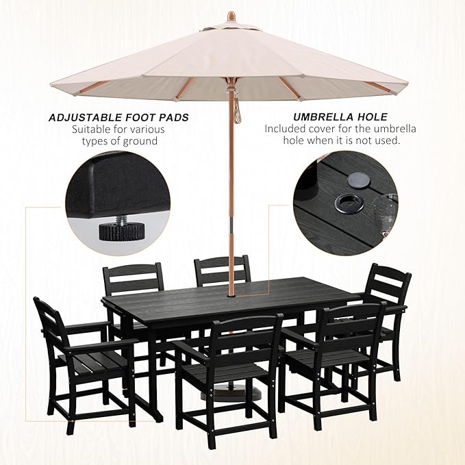 7pcs Outdoor Dining Set, HDPE Patio Dining Set for 6, All-Weather Outdoor Table and Chairs with Umbrella Hole & Adjustable Pads, Modern Patio Furniture Set for Backyard, Poolside &Lawn (Black)