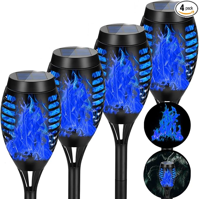 4 Pack Solar Torch Lights Outdoor Waterproof - Blue Flickering Flame, Outdoor Solar Garden Lights for Yard, Tiki Torches for Outside Patio Pathway Decorations