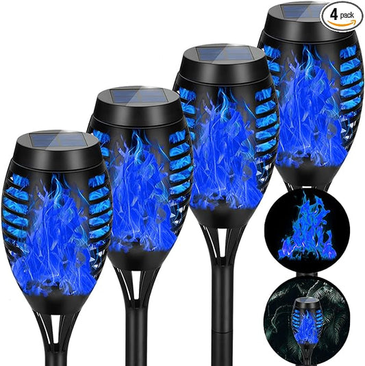 4 Pack Solar Torch Lights Outdoor Waterproof - Blue Flickering Flame, Outdoor Solar Garden Lights for Yard, Tiki Torches for Outside Patio Pathway Decorations