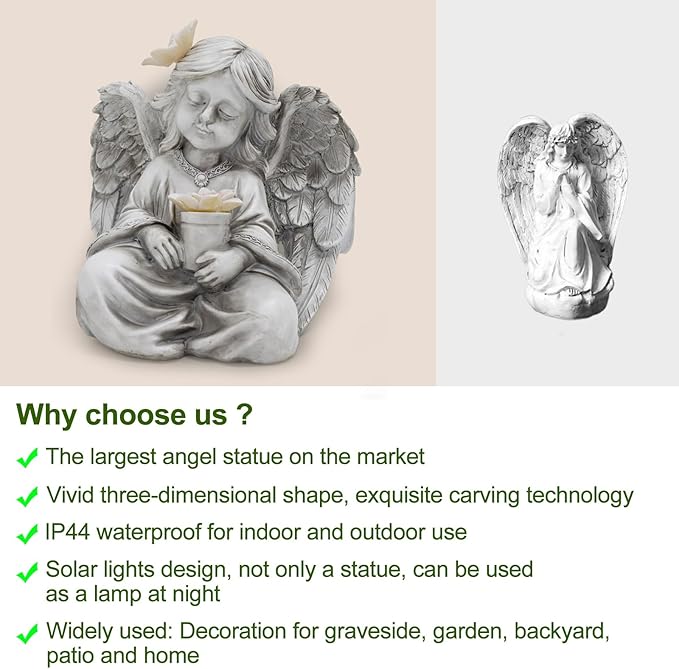 Angel Garden Statues for Outside, Solar Angels for Cemetery Grave, Outdoor Angel Statues for Garden Yard Patio Decor, Garden Sculptures for Halloween Christmas Decorations, Gift for Mom Housewarming