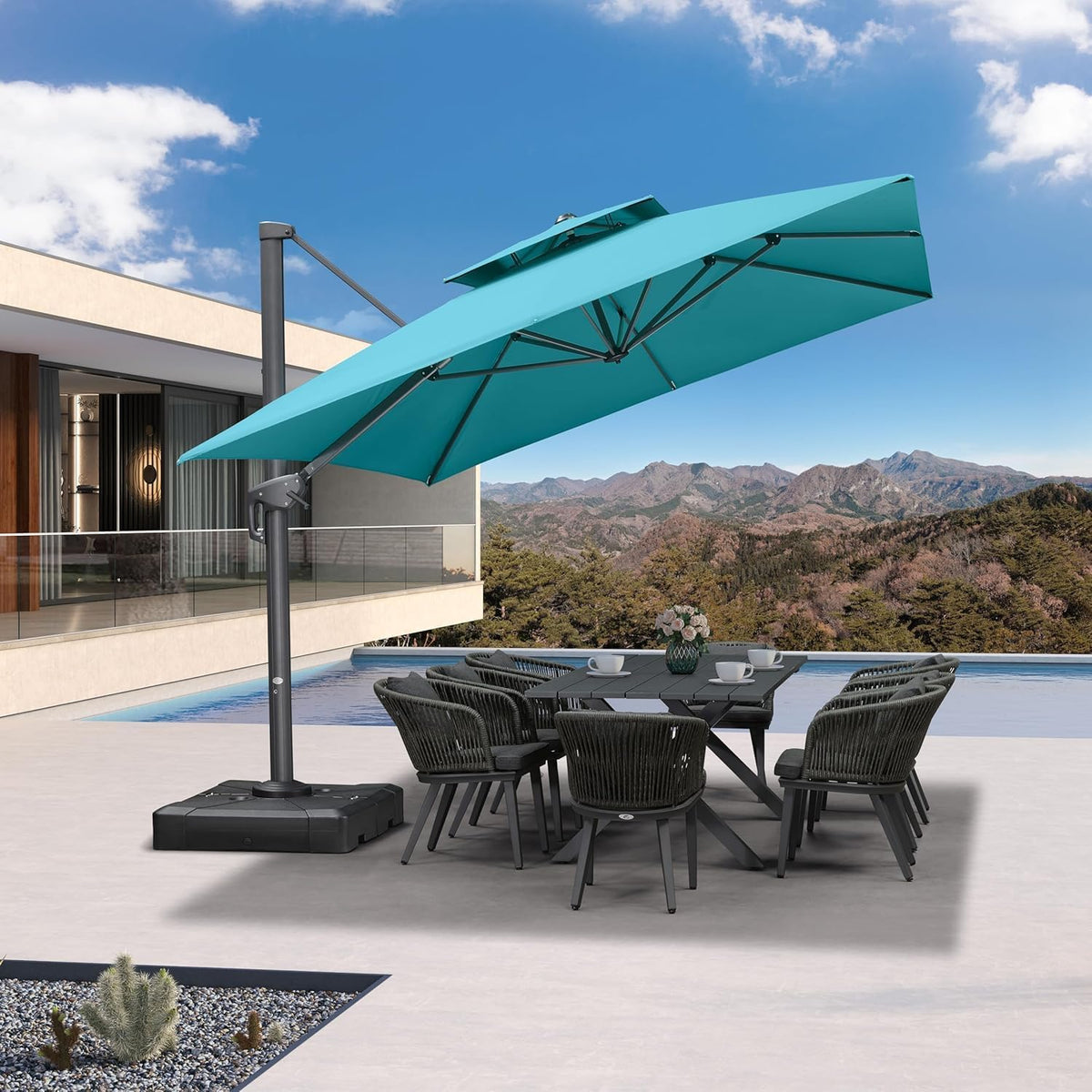 PURPLE LEAF 10' X 13' Outdoor Cantilever Umbrella Large Patio Hanging Double Top Rectangle Tilting Offset Umbrella with 360-degree Rotation for Outdoor Patio Pool Deck Turquoise Blue