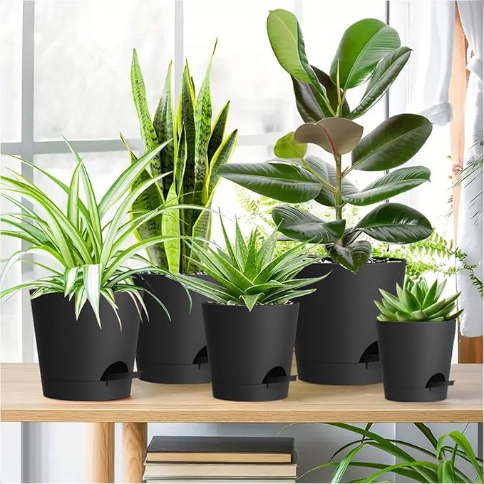 7/6.5/6/5.5/5/4 inch Self Watering Pots for Indoor Outdoor Plants, 6 Pack Plastic Flower Planters with Drainage Holes and Removable Saucers, Plant Pots with Wicking Rope, Modern Decor, Black