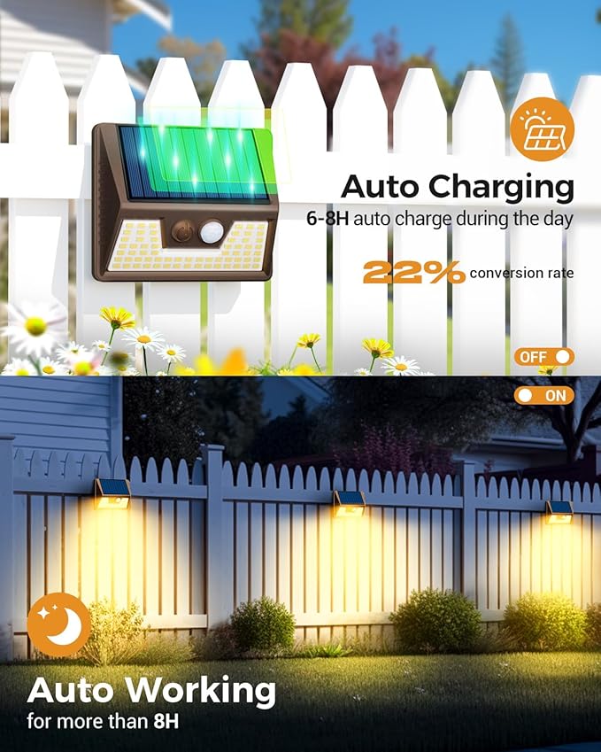 4 Pack Solar Fence Lights Waterproof, Motion Sensor Deck Outdoor, Warm White LED for Wall Yard Steps Stairs Garden - Brown