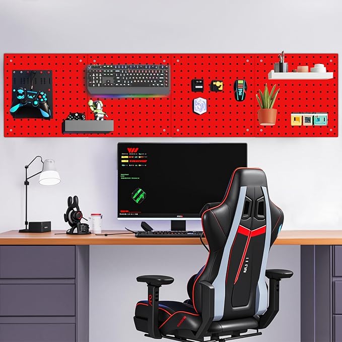 4 Pack Steel Peg Board,Universal 1/8 and 1/4 Pegboard Accessories,Ideal for Garage Tool Storage, Office Organization, Craft Room, Kitchen etc. (Red, 4-12X12)