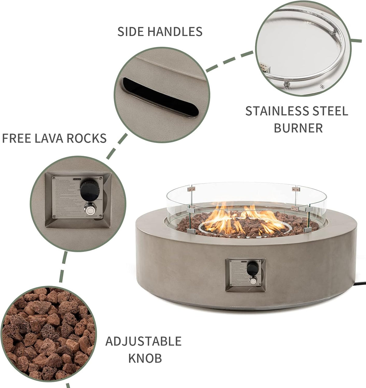 COSIEST 2-Piece Outdoor Propane Firepit Table Set w Tank Table, CSA Certified 42" Fire Table CSA Certified, 50,000 BTU w Gray Round Base,Wind Guard and 16 inches Tank Side Table 20lb for Garden,Pool