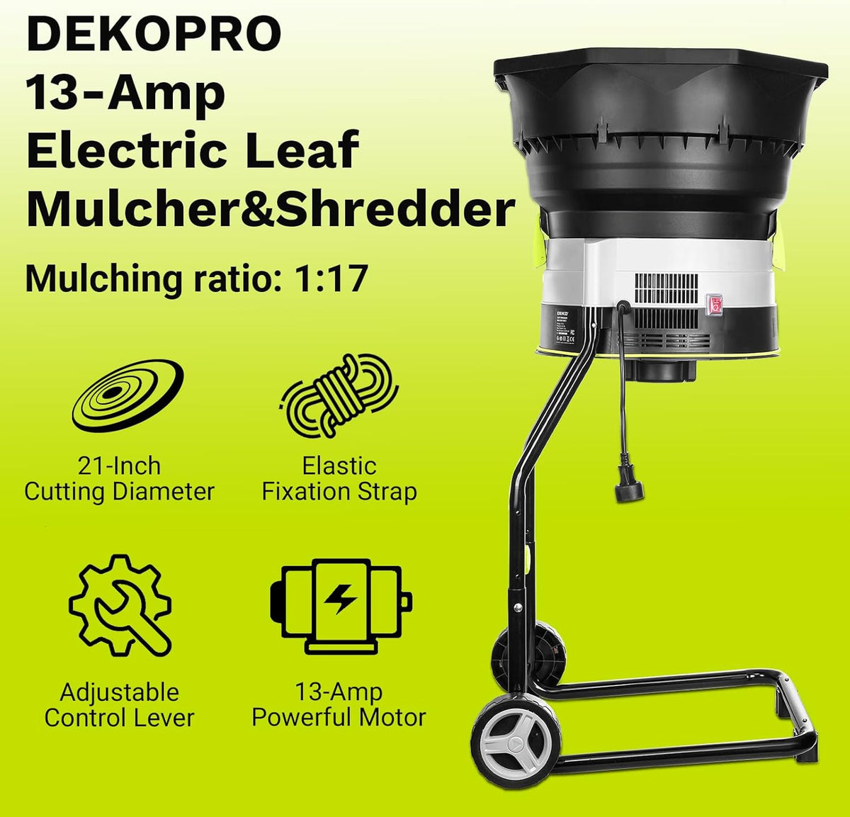 Electric Leaf Mulcher/Shredder: DEKOPRO 13-Amp 8200RPM Motor for 17:1 Reduction Ratio, Adjustable Control Dia with Leaf Scoops Spade and 20 Cutting Lines