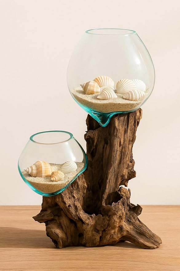 Cape Craftsmen 12" H Hand-Blown Blue Tinted Bubble Glass On Natural Teak Driftwood Terrarium | Home Décor Indoor Planter with Stand | Pot for Succulent and Plants