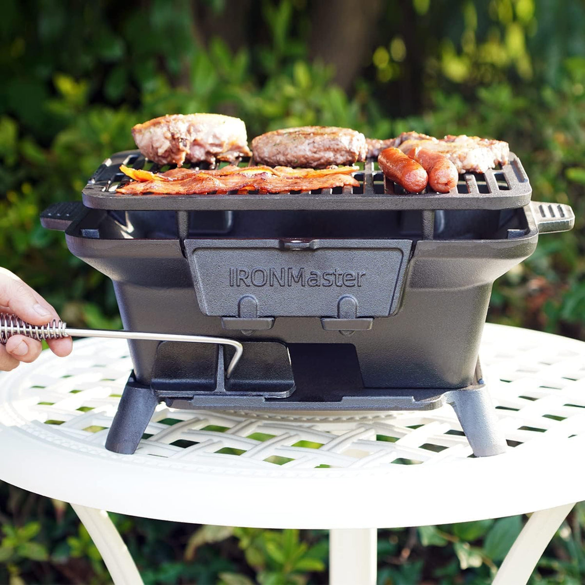 IronMaster Hibachi Grill Outdoor, Small Portable Charcoal Grill, 100% Pre-Seasoned Cast Iron, Japanese Yakitori Camping Grill - 2 Heights, Air Control, Coal Door + Carrying case