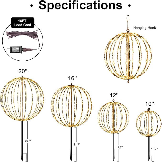 Christmas Ball Light Sphere, 20IN 200LED Hanging Tree Light and Pathway Lights with Hook and Stake, Foldable Metal Frame Light Ball for Outdoor Garden, UL Listed, Brown Frame, Warm White