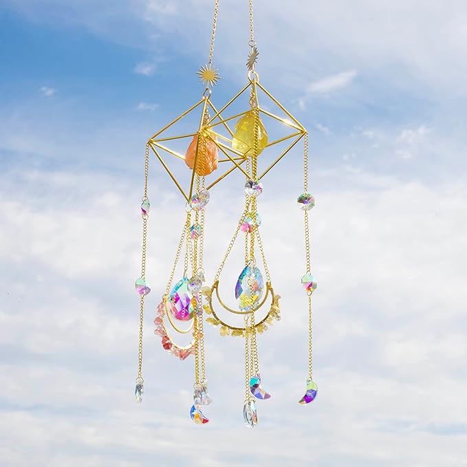 Citrine Crystal Suncatchers Boho Decor, Light Catcher Hanging, Unique for Moms, Glass Rainbow Maker, Crystal Window Hanging, Natural Gemstone (Citrine)