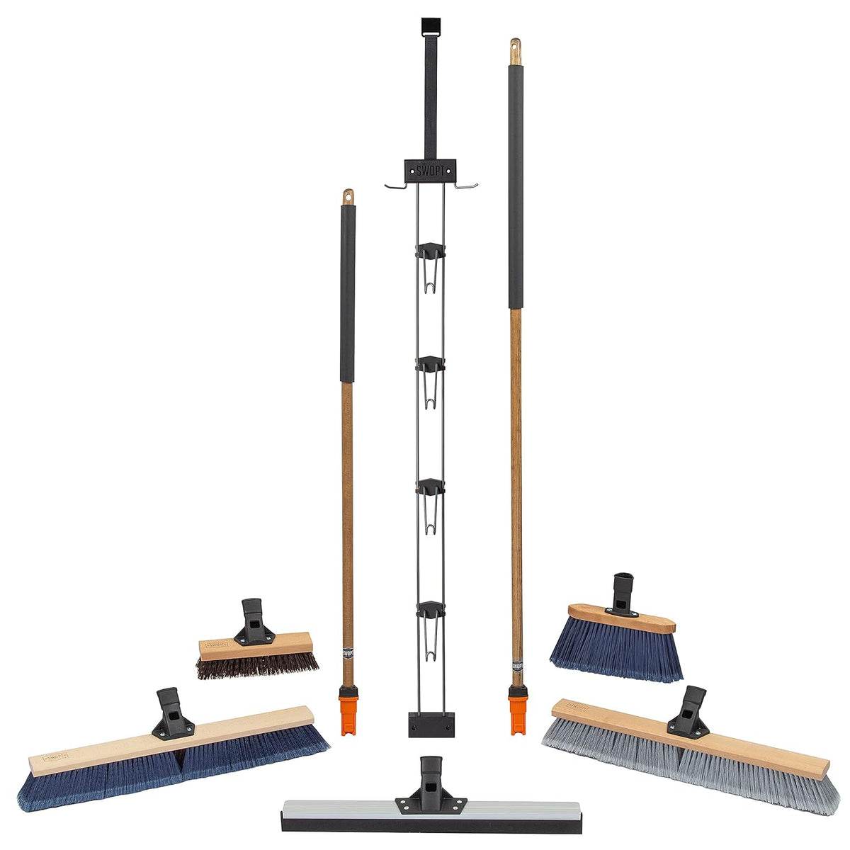 SWOPT Garage Kit — Includes 48” and 60” Wooden Handles, Smooth Surface Push Broom & 10” Premium Multi-Surface Scrub Brush Head