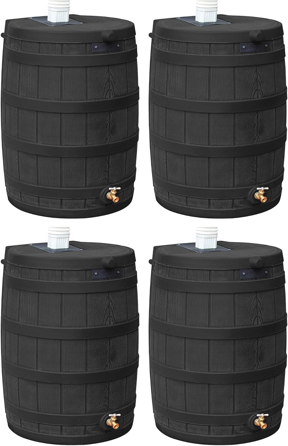 Good Ideas Rain Wizard 50 Gallon Plastic Outdoor Home Rain Barrel Water Storage Collector with Brass Spigot and Flat Back Design, Black (4 Pack)