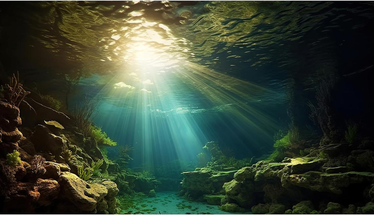 Fish Tank Background Under The Sea Aquarium Background Ocean Floor Sunray Rock Terrarium Backgrounds Coral Reef Aquatic Plants Underwater Cave Aquarium Wallpaper for Fish Tank Decorations 24x12in