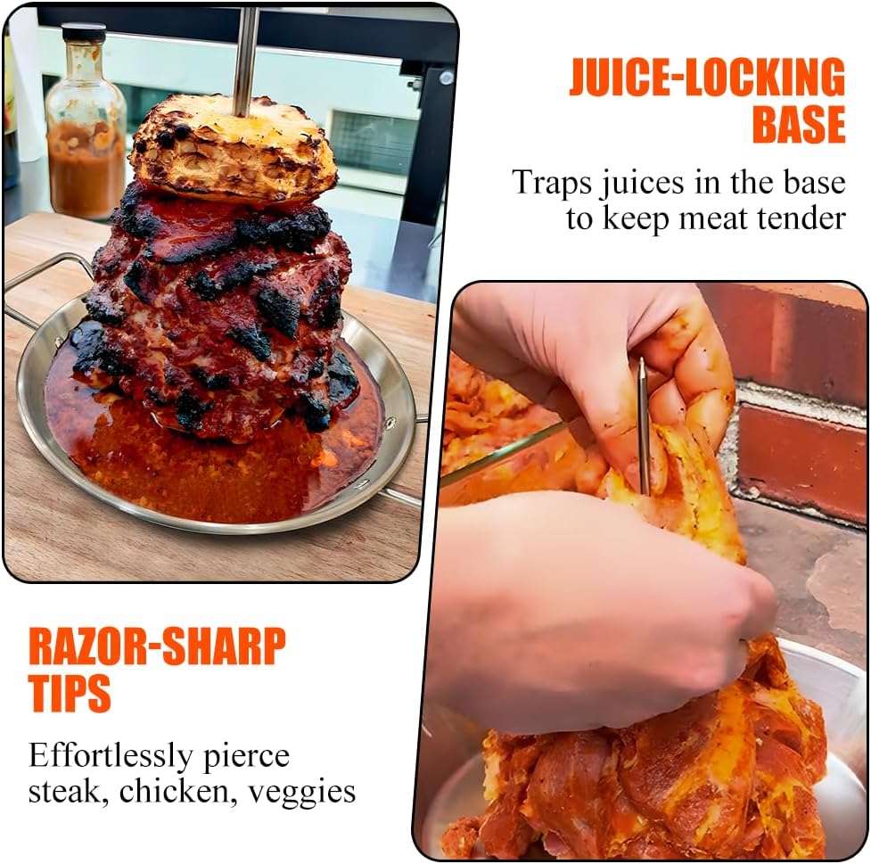 13 inch Vertical Skewer Pan Stainless Steel Gyro Spit Shawarma Stand for oven, Al Pastor Skewer for Grill, El Pastor Hack for Tacos Al Pastor Chicken, Brazilian, with 8",10",12" stick