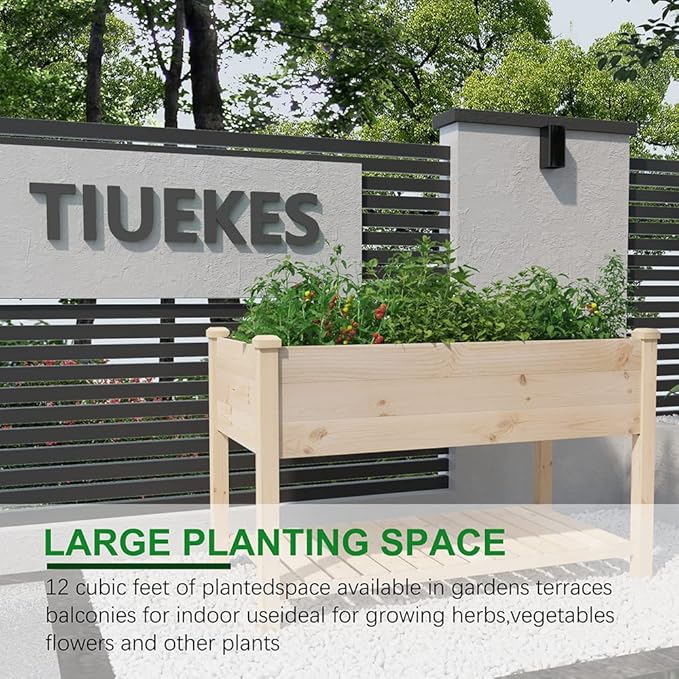 Raised Garden Bed with Storage Shelf 48.5x24.4x30 Inch, Elevated Wood Planter Box with Legs for Vegetable Flower Herb Outdoors Backyard, Patio, Balcony with Liner