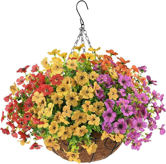 Artificial Faux Hanging Plants Flowers Basket for Spring Outdoor Decoration, Fake Silk Daisy in Planter Realistic UV Resistant Look Real for Porch Home Patio Balcony Yard(Multicolor)