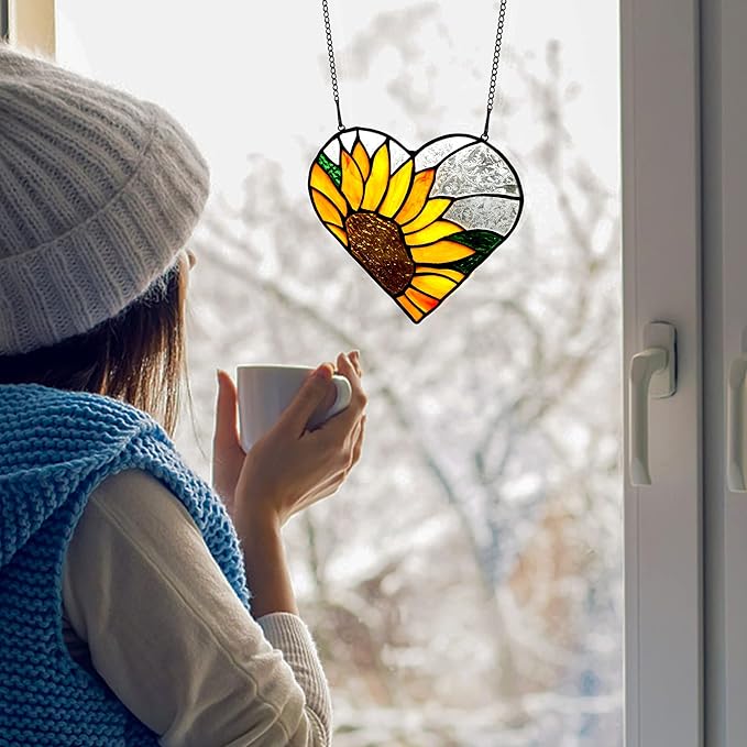 BOXCASA Sunflower Stained Glass Window Hangings,Sunflower Stained Glass Suncatcher,Heart Shape Sunflower Best Teacher Gifts for Women Birthday,Sunflower Decoration for Home Indoor Window