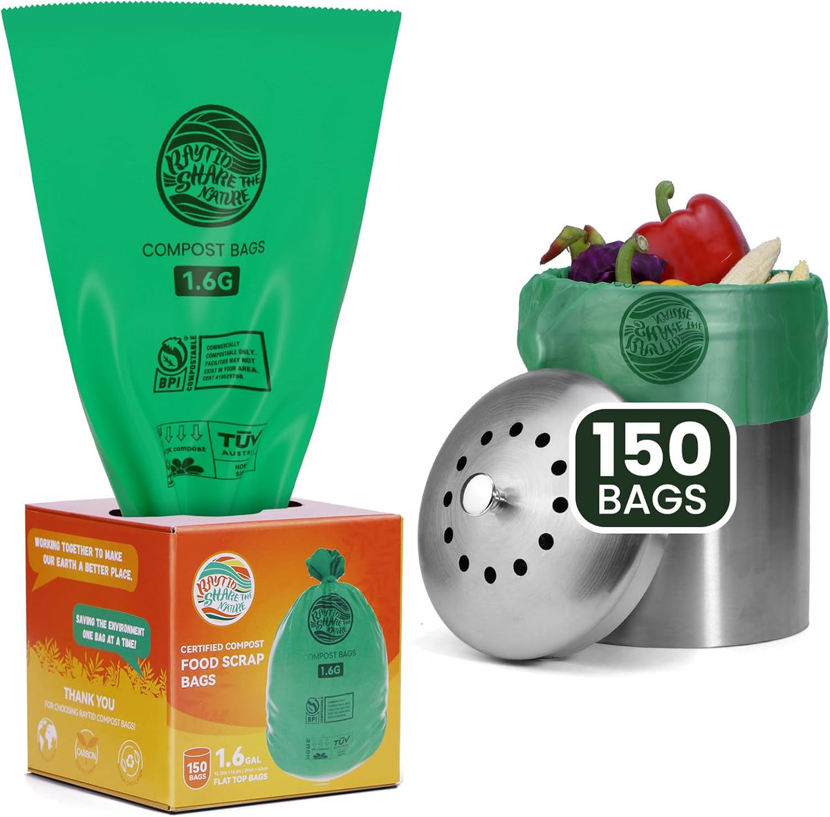 RAYTID 150 Counts 1.6 Gallon (1.6-1.75-2 Gal) Compost bin kitchen Bags, Fit 4.5,6,7,8 Liters,Strong compost bags for countertop bin,ASTM D6400, US BPI and Europe OK compost HOME certified