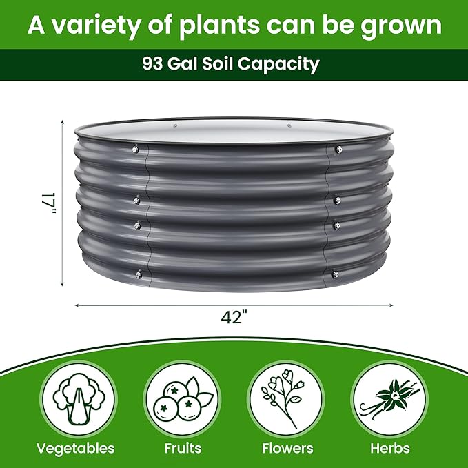 Round Raised Garden Beds, 42''x42''x17''Outdoor Galvanized Garden Planter Box for Vegetable Fruits Flower Herb (Deep Grey)