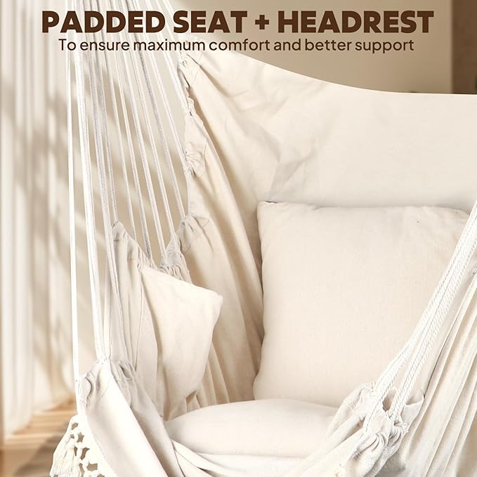 Chihee Hammock Chair Hanging Chair with Foot Rest 2 Cushions Max 500lbs Robust Metal Spreader Bar Collapsible Easy Storage Soft Cotton Swing Chair Strong Strap Iron Carabiner Side Pocket Included