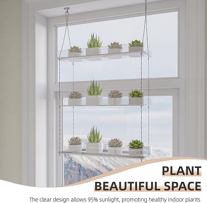 Hanging Clear Window Plant Shelves, Height Adjustable Acrylic Window Plant Hanger, 3-Tier Sturdy Window Sill Plant Shelf for Indoor Window Grow Herbs, Succulents, Flower