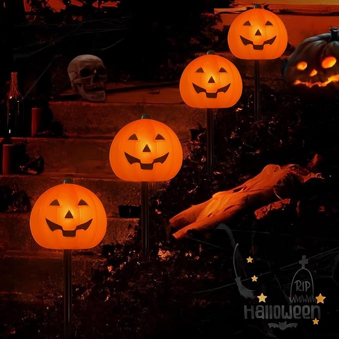 4 Pack Halloween Pumpkin Pathway Lights - 7Ft Outdoor Decorative String Lights with 4 Jack-O-Lantern Stake Lights for Halloween Yard, Garden, Walkway, Party and Lawn Decorations, Waterproof