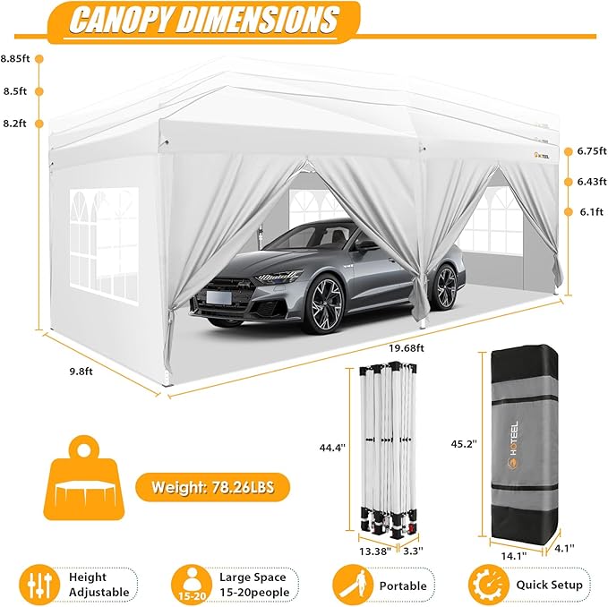 HOTEEL 10x20 Pop up Canopy with Sidewalls, One Push Outdoor Tents for Parties Waterproof Canopy Tent with Reinforce Rod, Easy Setup Event Tent with Sandbag for Backyard, Camping, Wedding, White