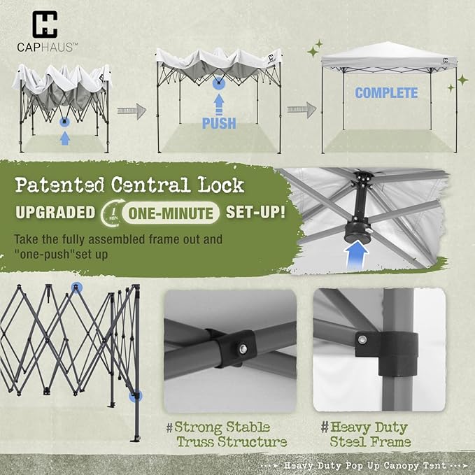 CAPHAUS Patented One-Push Pop Up Outdoor Canopy Tent, Heavy-Duty Commercial Grade w/Central Lock, Portable and Instant Folding Shelter with Wheeled Carry Bag and Weight Bag, 10ft x 10ft, Dark Grey