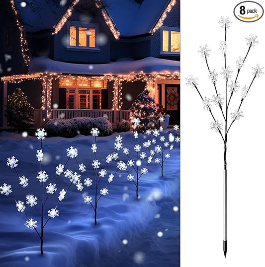 Brightown Snowflake Lights Outdoor Pathway, 8 Packs Lighted Branches Christmas Yard Decor, Small Tree With Lights, Twig Branch Outdoor Christmas Decorations, Pure White