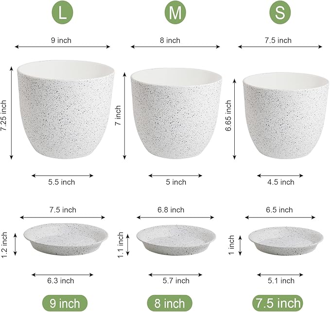 9/8/7.5 inch Flower Pots, Set of 3 Modern Decorative Plastic Planters with Drainage Holes and Saucers for Garden House Plants, Plant Pots for Indoor Outdoor Plants, Speckled White