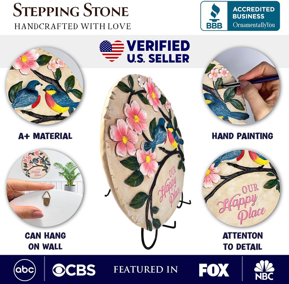 Elegant Resin Stepping Stone, Outdoor Garden Pathway Decoration (Blossoming Songbirds Positivity Stepping Stone, 9.5" Happiness Garden Decoration and Support Gift)
