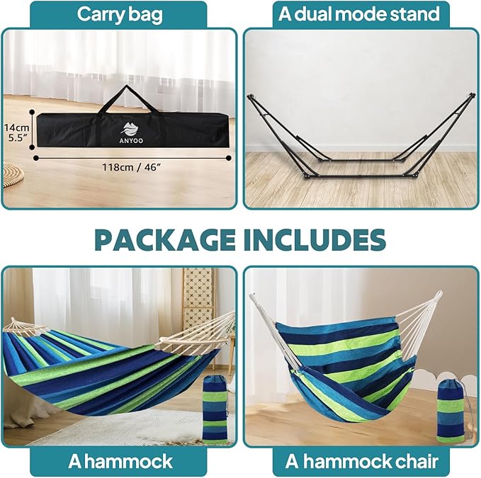 Anyoo 2 in 1 Hammock and Swinging Chair with Collapsible Steel Stand & Carrying Case,Portable & Adjustable,Easy Set Up for Outdoor,Indoor,Porch Swing,Patio,Garden,Camping Trip