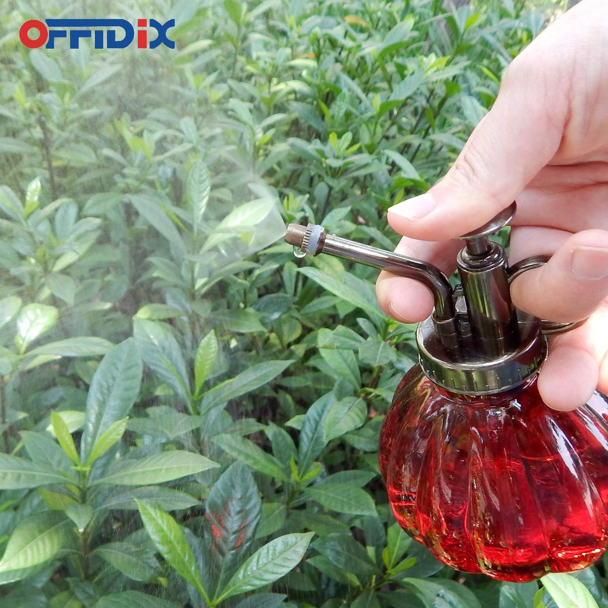 OFFIDIX Plant Glass Spray Bottle,Flower Mister Indoor Plant Watering Can Pot 6.3" Tall Vintage Pumpkin Style with Bronze Plastic Top Pump One Hand Small Watering Cans for House Plants(Red)