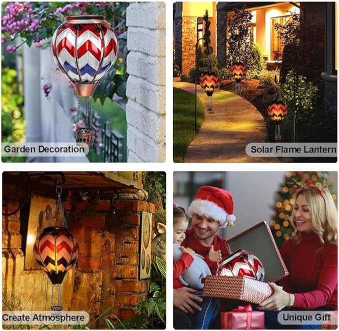 2PC Hot Air Balloon Solar Lantern with 2PC Shepherd Hook, Flickering Flame Hanging Solar Lanterns Outdoor Lights Waterproof Lanterns for Garden Patio Yard Party Decor (Wavy-Gray&Navy&Red)