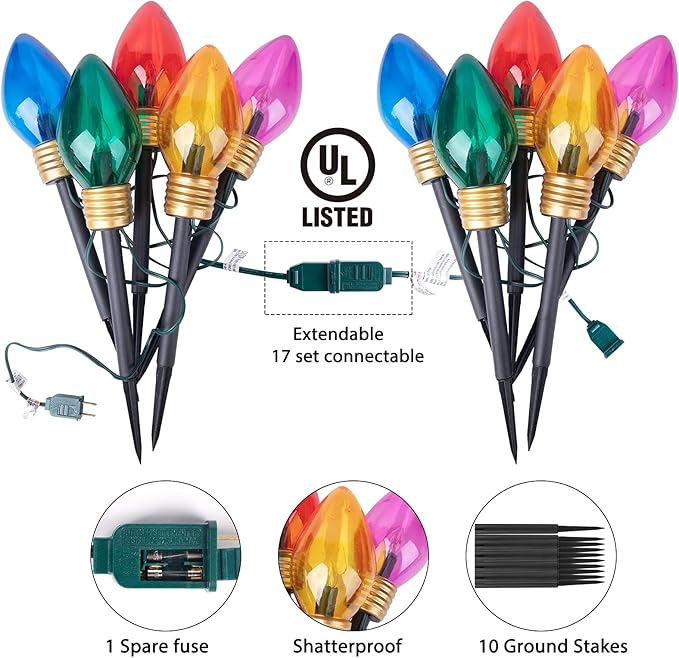 2 Pack Christmas Lights Jumbo C9 Outdoor Lawn Decorations with Pathway Marker Stakes, 8.5Ft C7 Lights Covered Jumbo Glitter Multicolor Bulb for Holiday Outside Yard Garden Decor, 10 Lights
