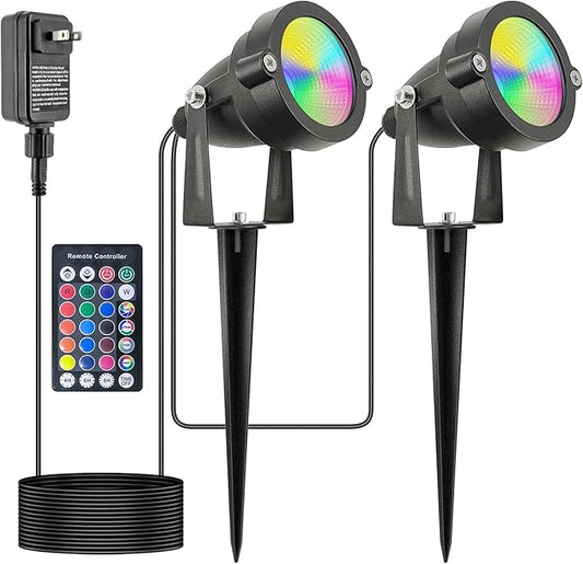 Christmas Outdoor SpotLights with Timer, 10W IP65 Waterproof Metal Landscape Lights Remote Colored Spot Lights RGB Color Changing Spotlight for Outdoor Yard Garden Lawn(2 Lights)