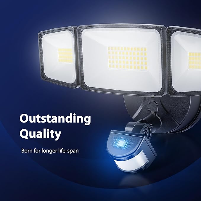 Onforu 65W LED Security Lights Motion Sensor Light Outdoor, 6500LM, 6500K, IP65 Waterproof, Flood Light Outdoor Motion Detector with Adjustable 3 Head, Hardwired Wall Light for Entryway, Yard, Garage
