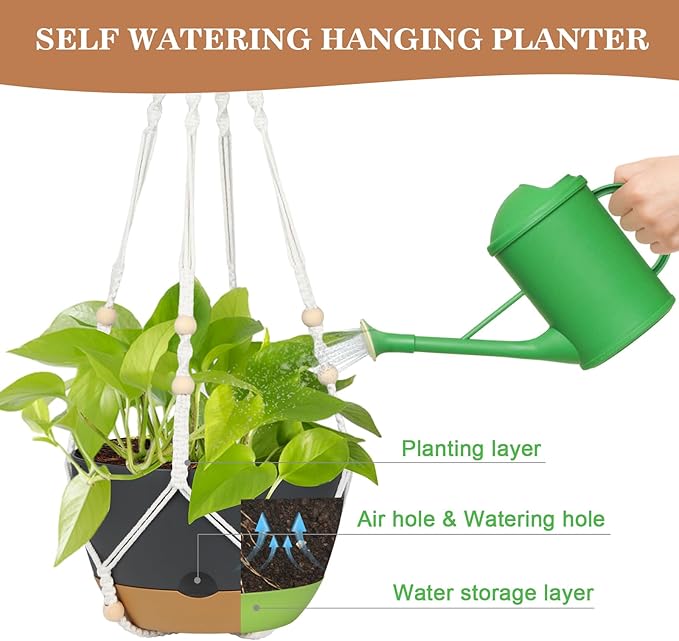 3 Pack Hanging Planters Set, 10 + 10 + 8 Inch Self-Watering Hanging Plant Pot, Macrame Plant Hanger with Pot, Ceiling Hooks, Removable Saucer and Drainage Holes for Indoor, Outdoor Plants - Black