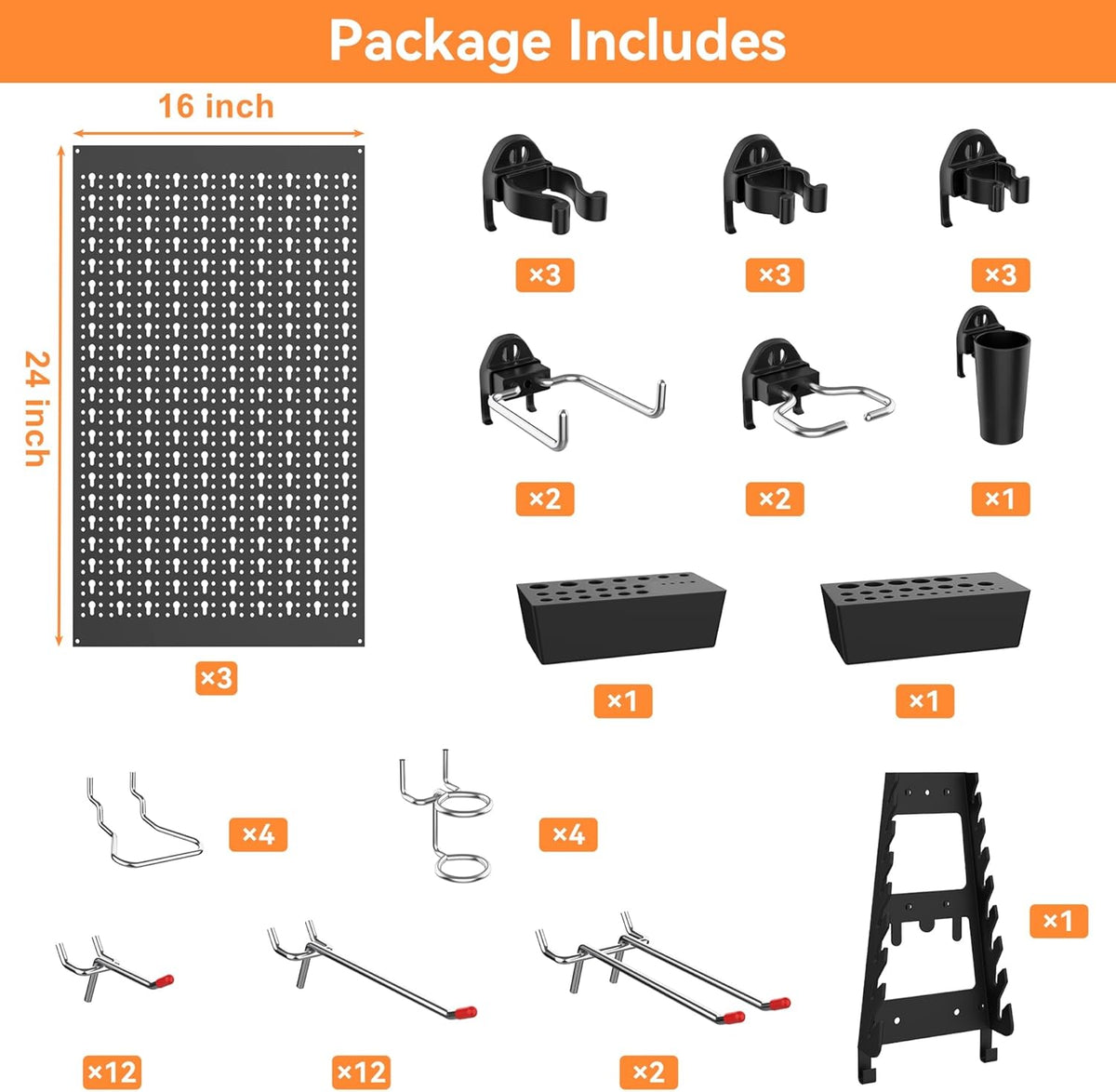 WALMANN Metal Pegboard Wall Tool Organizer Board with Pegboard Hooks, 24x48in Tools Organizer Pegboard for Garage, Workbench, Peg Boards, Tool Organizer Board with Hooks(Black)