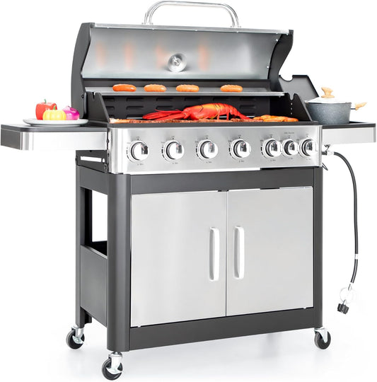 Captiva Designs 6-Burner Propane Gas BBQ Grill with Side Burner & Porcelain-Enameled Cast Iron Grate for Outdoor Kitchen & Backyard Barbecue, 65,800 BTU Output,665 SQ.IN. Cooking Area,Stainless Steel