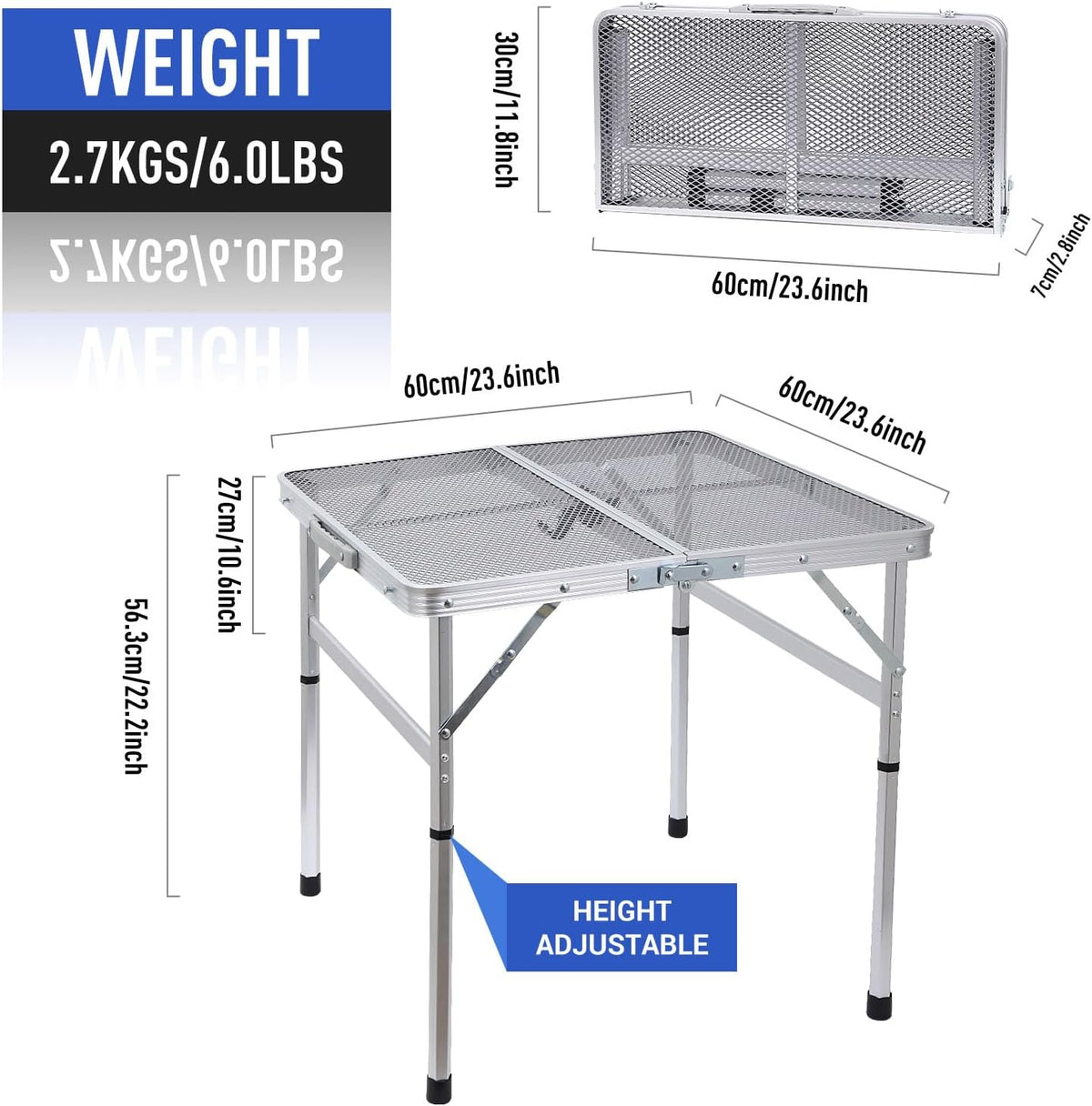 Nice C Square Table for Grill, Folding Table, Camping Table, Outdoor Table, Card Table, Height Adjustable, Mesh Bag Lightweight, Carry Handle, Aluminum (23.6"x23.6" White)